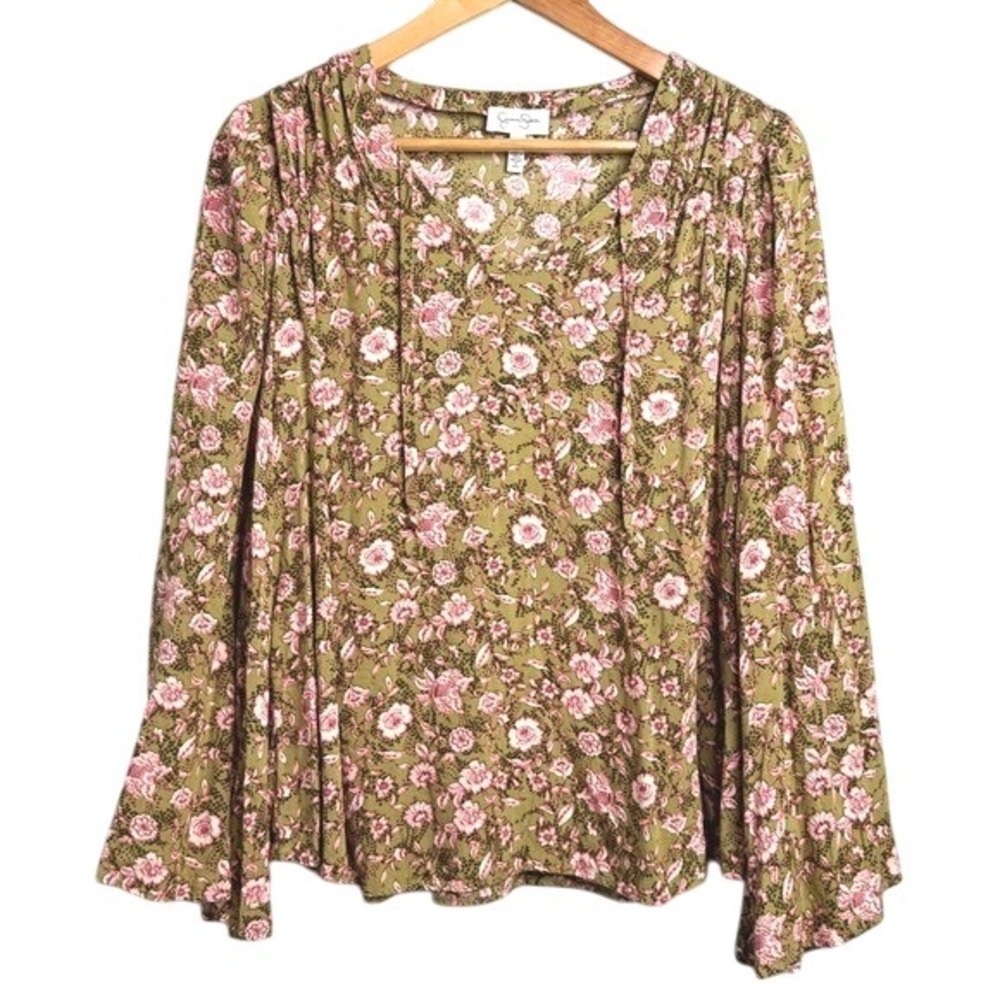 Jessica Simpson Floral Print Blouse Medium Long Sleeve Green‎ Pink Boho Top